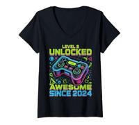 Mujer Nivel 2 Desbloqueado Impresionante Desde 2024 Birthday Gaming Camiseta Cuello V