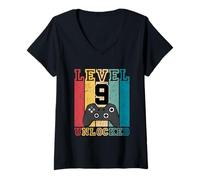 Mujer Nivel 9 Desbloqueado Divertido Regalo de 9 años Video Gamer 9 Cumpleaños Camiseta Cuello V
