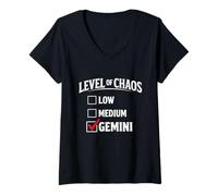 Mujer Nivel de Caos Casilla de verificación Géminis Cita Divertida del Zodiaco Camiseta Cuello V