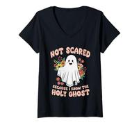 Mujer No asustado Porque conozco al Fantasma Santo Halloween Christian Camiseta Cuello V