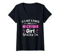 Mujer No es una fiesta hasta que una chica de Michigan camina en el medio oeste de Yooper Camiseta Cuello V
