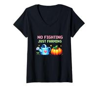 Mujer No Fighting Just Farming Juego Cozy Pixel Calabaza Camiseta Cuello V