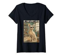 Mujer No Hair Don't Care Sphynx Cat Gafas de Sol Vintage Retro Camiseta Cuello V