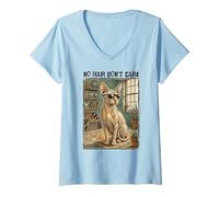 Mujer No Hair Don't Care Sphynx Cat Gafas de Sol Vintage Retro Camiseta Cuello V