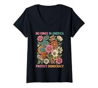 Mujer No Hay Reyes Democracia Flores Vintage Camiseta Cuello V