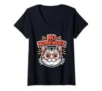 Mujer No Hay Tarea Gato Divertido de Regreso a la Escuela Camiseta Cuello V