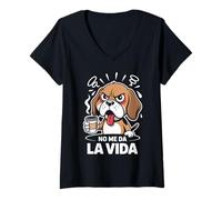 Mujer No me da la Vida Perro Café Beagle Frase Divertida Camiseta Cuello V