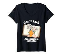 Mujer No puedo hablar procesando una oración Lector de gusanos de biblioteca amante de libros Camiseta Cuello V