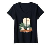 Mujer No Rush Ventana Café Plantas Vida Lenta Camiseta Cuello V