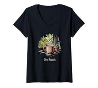 Mujer No Rush Ventana Café Plantas Vida Lenta Camiseta Cuello V