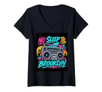 Mujer No Sleep Til Brooklyn Retro Boombox, Amante de la música Camiseta Cuello V