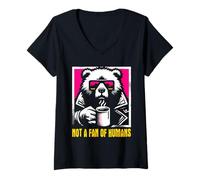 Mujer No Soy fanático de los Humanos - Divertido Amante del café del Oso introvertido Camiseta Cuello V