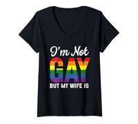 Mujer No soy gay, pero mi esposa es divertida LGBT Rainbow Gay Wedding Camiseta Cuello V