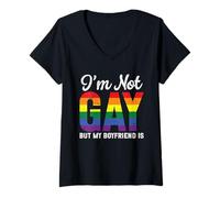 Mujer No soy gay, pero mi novio es divertido LGBT Rainbow Wedding Camiseta Cuello V