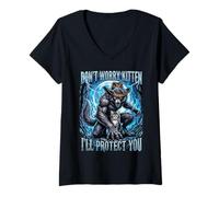 Mujer No te Preocupes, Gatito, te protegeré, Gato Lobo de Fuego Azul Camiseta Cuello V
