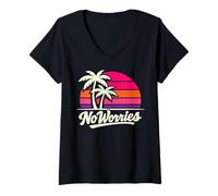 Mujer No Worries Atardecer Retro Palmeras Estilo Playa Camiseta Cuello V