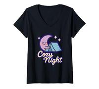 Mujer Noche acogedora Escena Kawaii Camiseta Cuello V