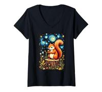 Mujer Noche estrellada ardilla aventura Van Gogh Starry Light Camiseta Cuello V