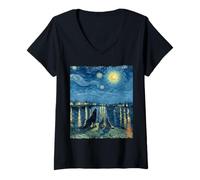Mujer Noche Estrellada con Lobos: aullidos y Misterio bajo la Luna Camiseta Cuello V