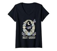 Mujer Noche Jardín Polilla Luna Floral Corona Celestial Botánico Na Camiseta Cuello V