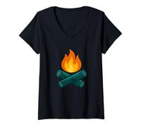 Mujer Noches de Hoguera Camping Aventura Ilustración Camiseta Cuello V
