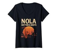 Mujer NOLA Rhythm and Roots Camisa New Orleans Saxofón Camiseta Cuello V