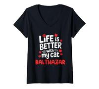 Mujer Nombre del Gato Balthazar La Vida es Mejor con mi Gato Balthazar Camiseta Cuello V
