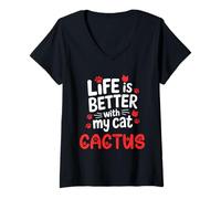 Mujer Nombre del Gato Cactus La Vida es Mejor con mi Gato Cactus Camiseta Cuello V