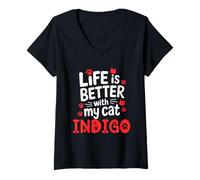 Mujer Nombre del Gato Indigo Life Is Better with My Cat Indigo Camiseta Cuello V