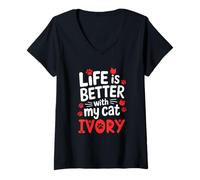 Mujer Nombre del Gato Ivory Life Is Better with My Cat Ivory Camiseta Cuello V