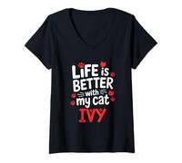Mujer Nombre del Gato Ivy Life Is Better with My Cat Ivy Camiseta Cuello V