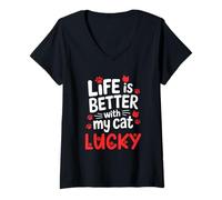 Mujer Nombre del Gato Lucky Life Is Better with My Cat Lucky Camiseta Cuello V
