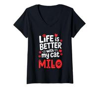 Mujer Nombre del Gato Milo La Vida es Mejor con mi Gato Milo Camiseta Cuello V
