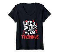 Mujer Nombre del Gato Twinkle Life Is Better with My Cat Twinkle Camiseta Cuello V