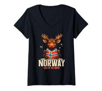 Mujer Noruega Alce Escandinavo Bonito Viaje Cultura Fauna Salvaje Camiseta Cuello V