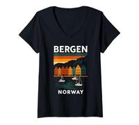 Mujer Noruega Bergen Bryggen Arquitectura Noruega Oslo Retro Camiseta Cuello V