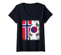 Mujer Noruega Corea del Sur Media Bandera Noruega Corea del Sur Camiseta Cuello V
