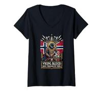 Mujer Noruega Sangre vikinga Corre por mis Venas Hacha Guerrero Cuervo Camiseta Cuello V