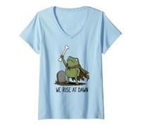 Mujer Nos levantamos al Amanecer Temporada Espeluznante Rana Meme Zombie Halloween Camiseta Cuello V