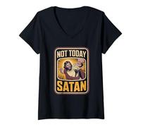 Mujer Not Today Satan Funny Jesus Christian Retro Camiseta Cuello V