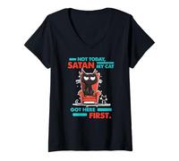Mujer NOT TODAY SATAN MY CAT GOT HERE FIRST Camiseta Cuello V