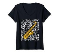 Mujer Notas Musicales de saxofón Saxofonista Músico de Jazz Camiseta Cuello V