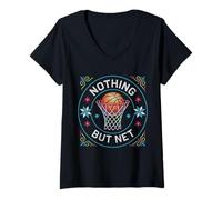 Mujer Nothing But Net Basketball Folk Bordado Punto de Cruz Camiseta Cuello V