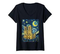 Mujer Notre Dame París Francia Noche Estrellada Historia del Arte Presente Camiseta Cuello V