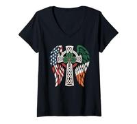Mujer Nudo de Cruz Celta Americana Irlandesa - Irlanda católica Camiseta Cuello V