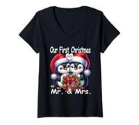 Mujer Nuestra Primera Navidad como mr and Mrs 2025 Pijamas (pingüinos) Camiseta Cuello V