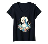 Mujer Nuestra Señora de Lourdes Poderoso Símbolo Santa María Madre María Camiseta Cuello V