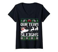 Mujer Nuestro Equipo Trineo Navidad Santa Renos Navidad FEA Navidad Camiseta Cuello V