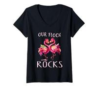 Mujer Nuestro Flock Rocks es un pájaro Rosado y Amante de los flamencos Camiseta Cuello V
