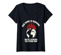 Mujer Nuestro planeta está quemando la conciencia sobre el cambio climático Camiseta Cuello V